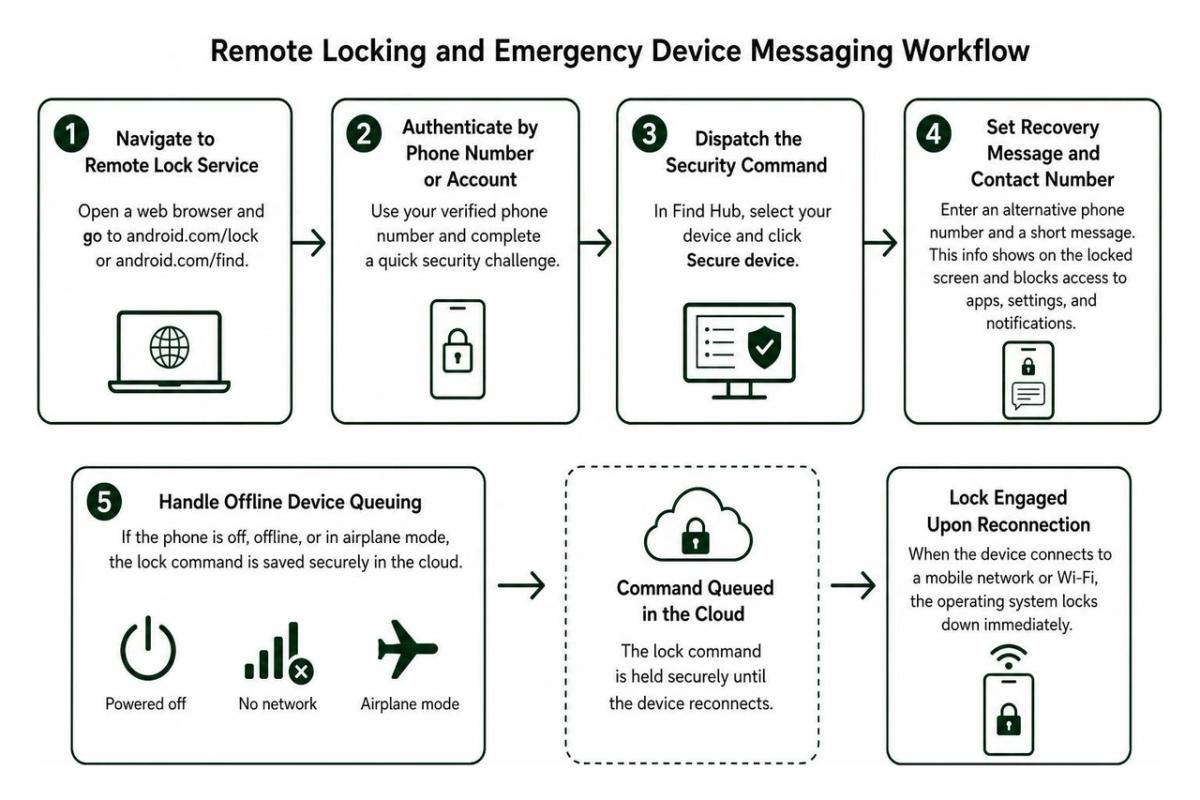 Step-by-step remote locking and emergency device messaging workflow