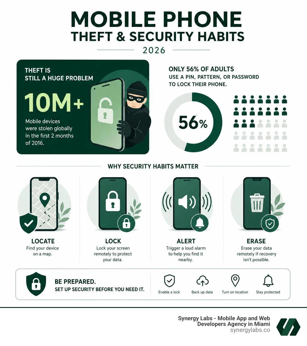Infographic showing mobile phone theft statistics and security habits in 2026, including PIN usage rates and theft volume Infographic showing mobile phone theft statistics and security habits in 2026, including PIN usage rates and theft volume
