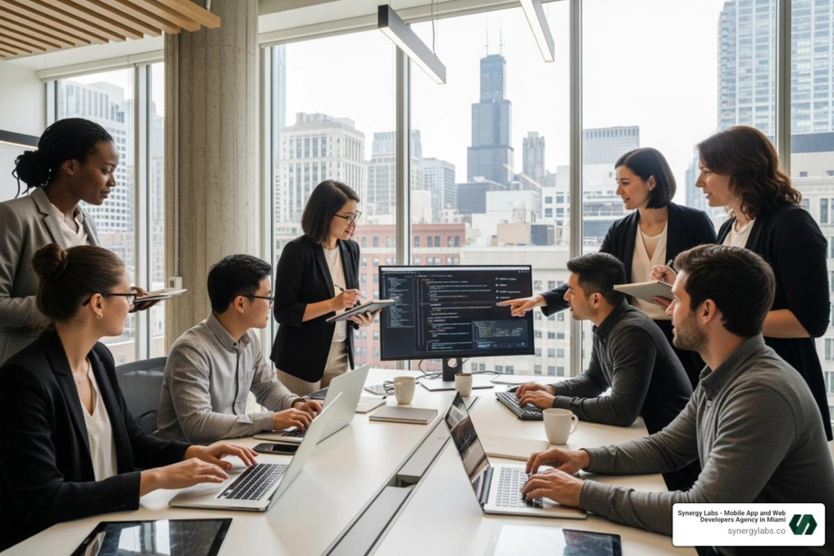 A diverse group of tech professionals collaborating in a modern Chicago office space - Finding a Mobile App Partner in Chicago: How to Build for Scale
