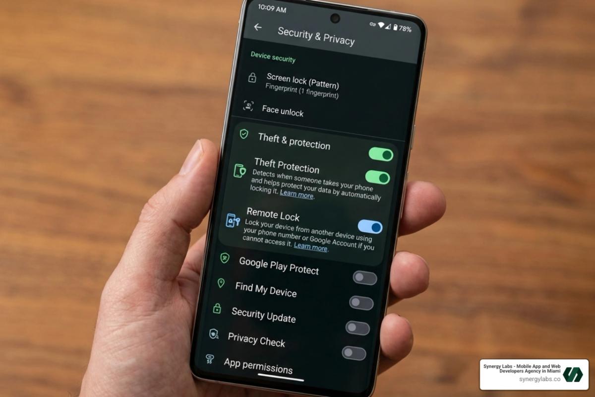 Android 15 security interface showing Theft Protection and Remote Lock settings - remote lock android phone