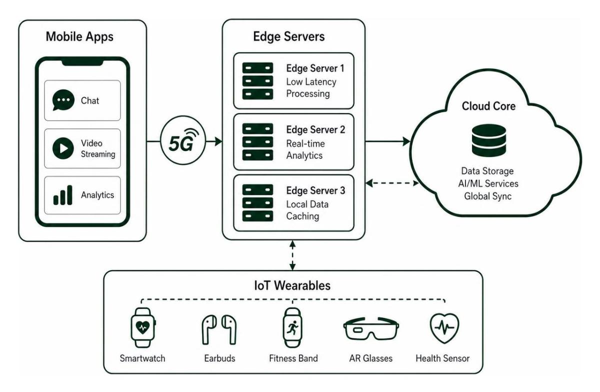 Diagram illustrating 5G cloud architecture connecting mobile apps, edge servers, and IoT wearables
