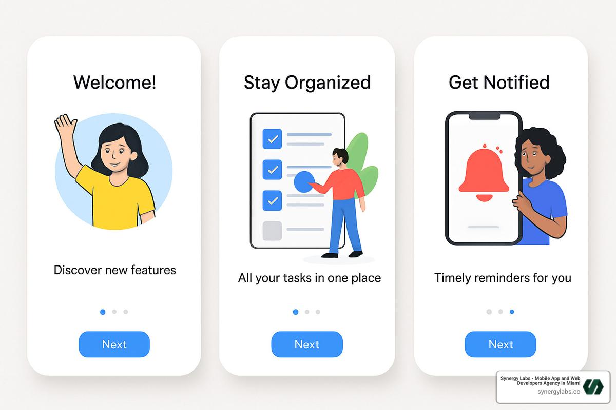 App onboarding walkthrough screens showing progressive disclosure - Common UI/UX issues in unfinished mobile app designs