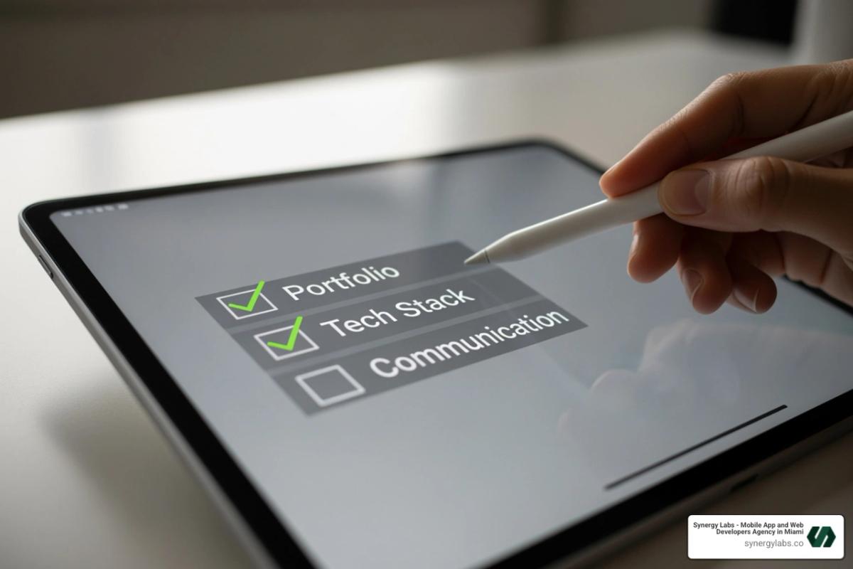 A checklist on a digital tablet with items like 'Portfolio,' 'Tech Stack,' and 'Communication' for selecting an app development partner - Finding a Mobile App Partner in Chicago: How to Build for Scale