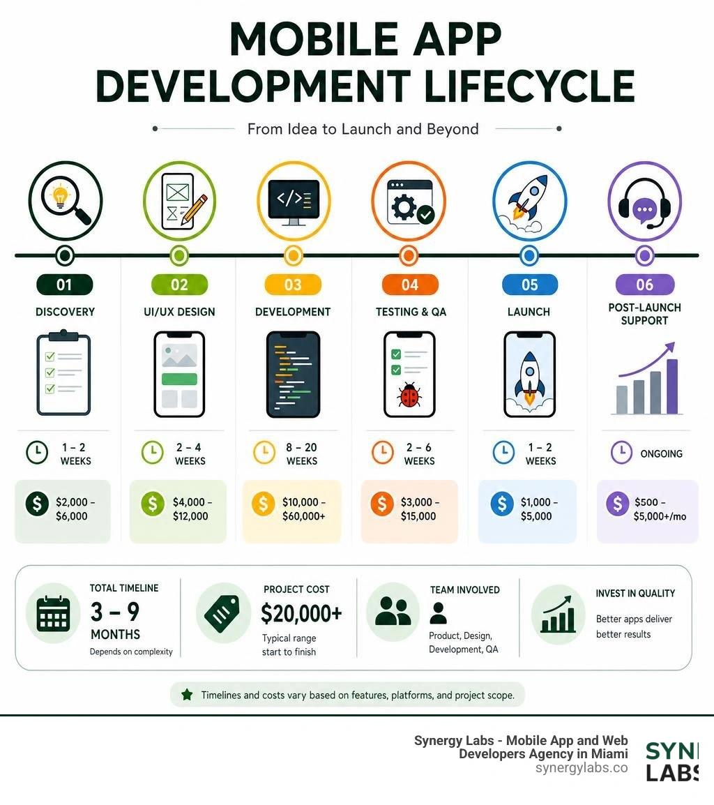 Mobile app development lifecycle infographic showing stages from discovery to post-launch support with timelines and costs