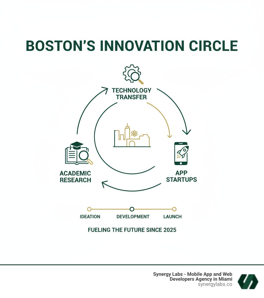 Boston Innovation Circle Flow: Universities conduct research and generate ideas, which flow to VCs and angel investors for funding, then to app startups and development teams for commercialization, leading to market success and talent reinvestment back into the academic system - Boston’s Innovation Circle: From Academic Research to App Startups infographic 
