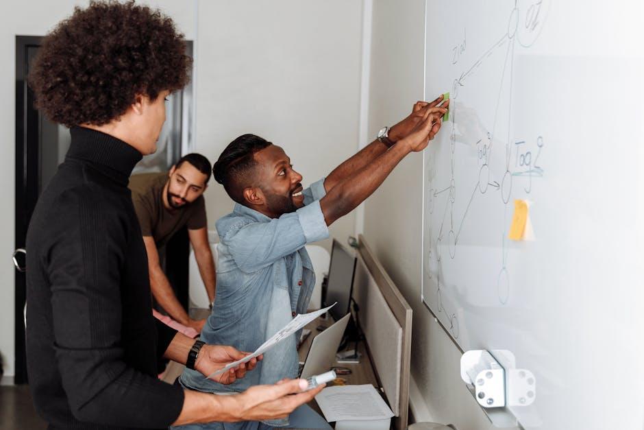 A team collaborating around a whiteboard with a modernization roadmap, showing steps, timelines, and dependencies. - Best Practices for Legacy System Modernization in 2026