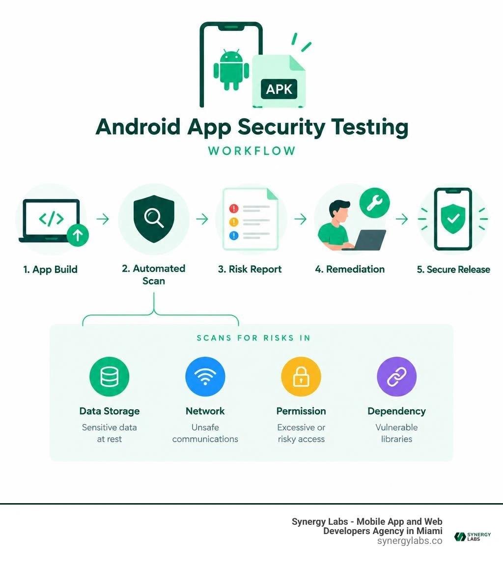 Android app security testing workflow showing an app build scanned for data-storage, network, permission, and dependency