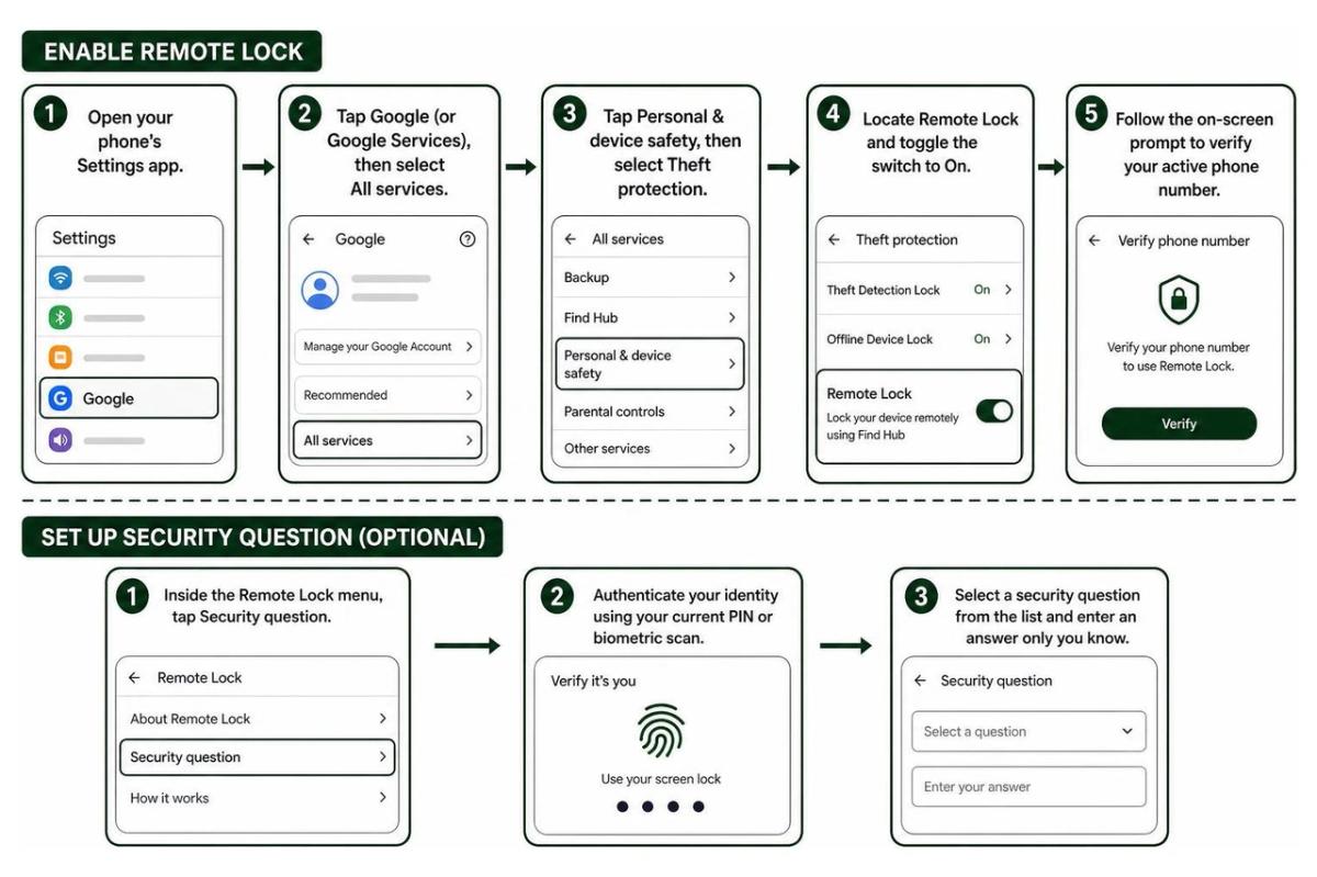 Step-by-step remote lock setup in Android settings