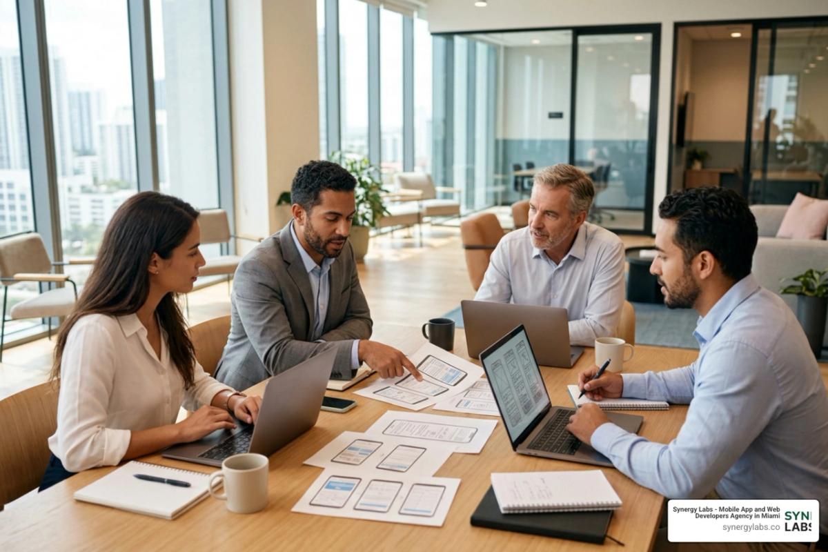 A collaborative client-developer meeting discussing wireframes in a modern workspace