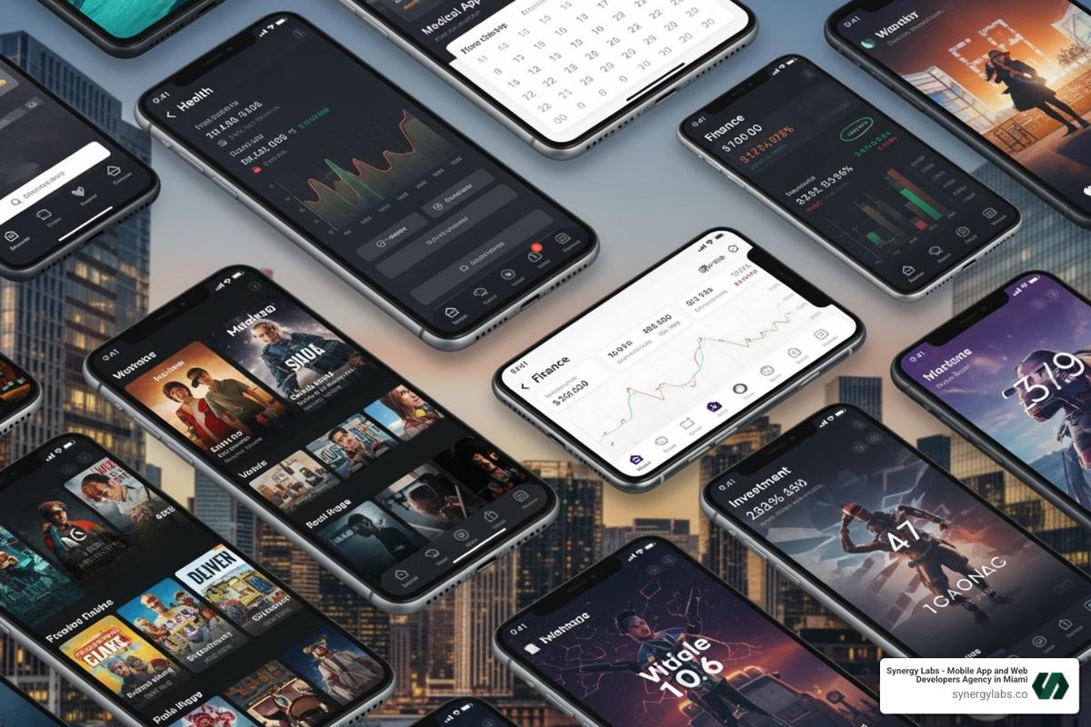 A collage of app interfaces from different sectors like health, finance, and entertainment, showcasing the diverse range of creative app solutions originating from LA - Beyond Hollywood: How LA Tech is Fueling Creative App Solutions
