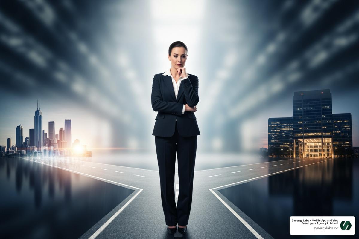 business leader at a crossroads - No-Code vs AI-Generated Apps: What Businesses Should Choose in 2026