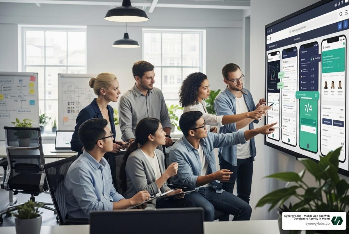 A diverse team collaborating on a mobile app interface on a large screen, symbolizing enterprise mobile app development - Enterprise Mobile App Development: Scaling Solutions for Large Organizations