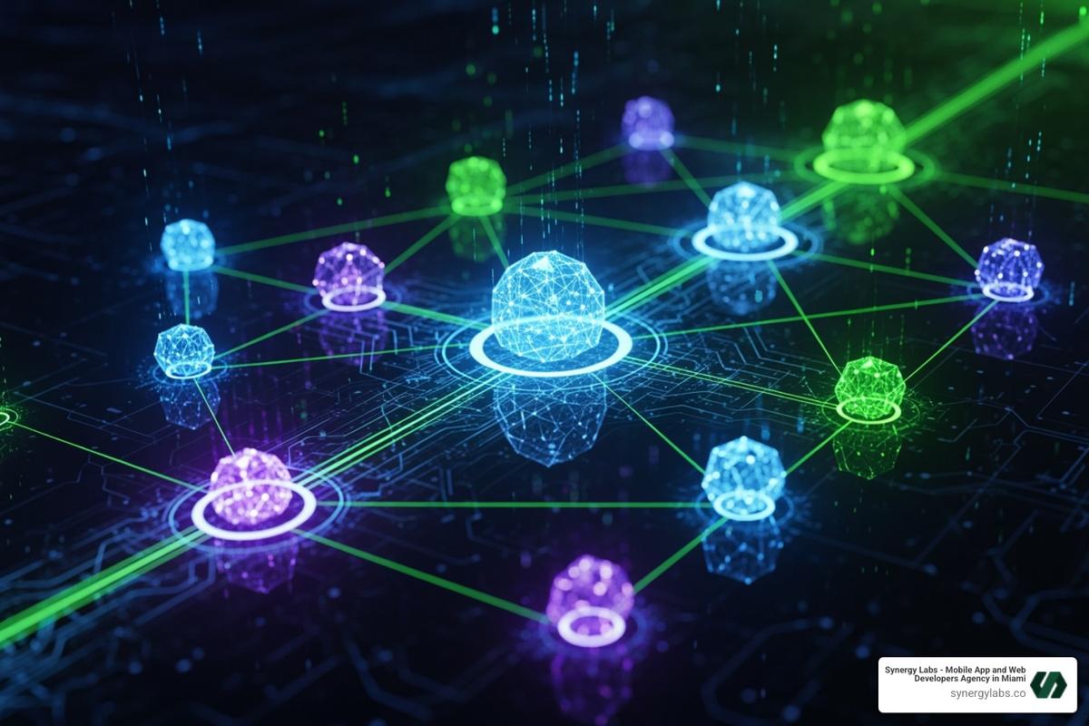 Abstract graphic of interconnected technology nodes, representing the complex and integrated AI and emerging tech stack driving innovation in LA - Beyond Hollywood: How LA Tech is Fueling Creative App Solutions