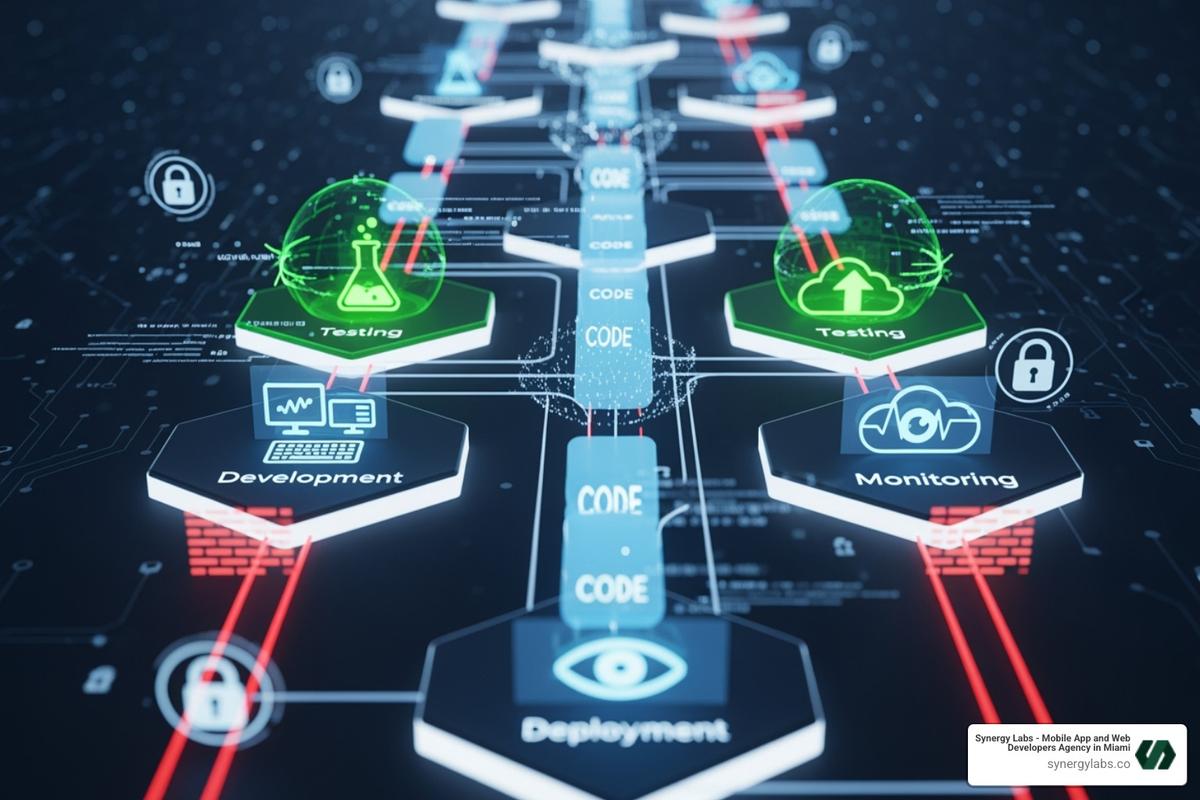 A secure, automated CI/CD pipeline visualization, showing code flowing through stages of development, testing, deployment, and monitoring. - Best Practices for Legacy System Modernization in 2026
