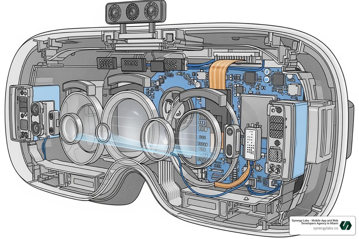 Detailed diagram of a mixed reality headset's internal components - Samsung names the date: Project Moohan is coming for the Apple Vision Pro.