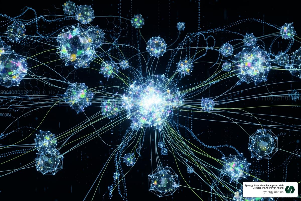 Interconnected nodes representing different AI technologies - How AI & ML Power Apps: Personalization, Predictive Analytics & Chatbots