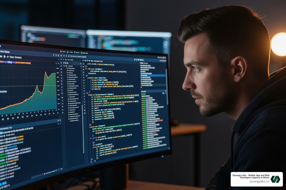 Image of a developer looking at a complex screen with AI-generated code - VibeCode Review 2026: Does It Actually Work?
