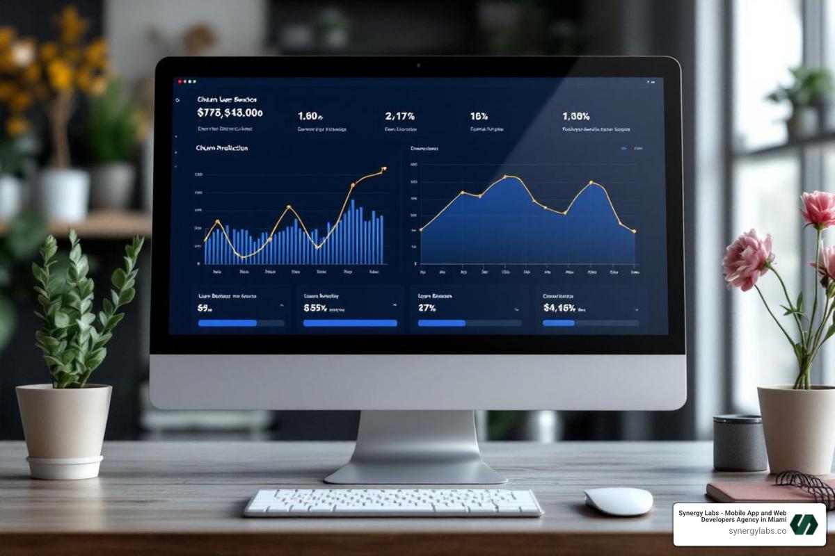 Dashboard showing predictive analytics for user churn with graphs and data points - Building Smarter Apps in 2026: AI Personalization, Predictive Models, and NLP UI