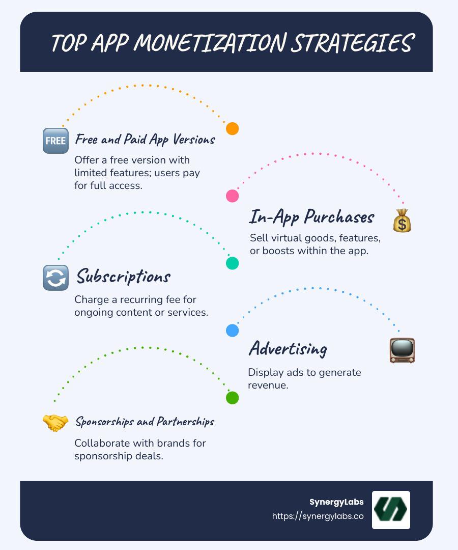 Detailed infographic describing various app monetization strategies, including free and paid app versions, in-app purchases, subscriptions, advertising, and partnerships, with brief explanations of each method, their advantages, and potential drawbacks. - app monetization strategies infographic infographic-line-5-steps-blues-accent_colors