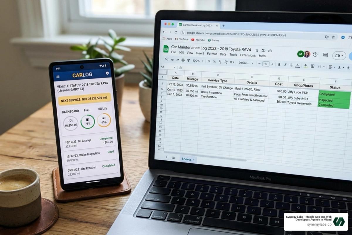 smartphone syncing car maintenance data with laptop spreadsheet - car maintenance google sheet
