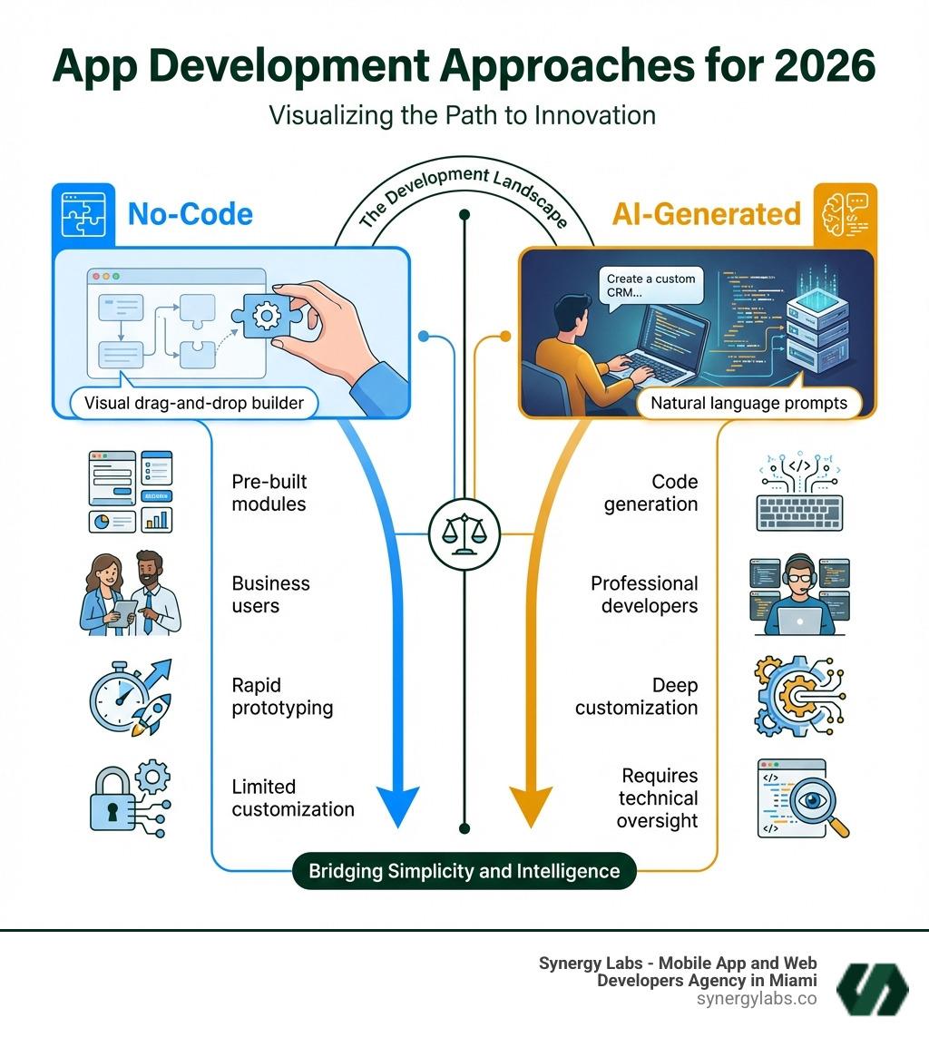infographic showing two columns: No-Code (visual drag-and-drop builder, pre-built modules, business users, rapid prototyping, limited customization) vs AI-Generated (natural language prompts, code generation, professional developers, deep customization, requires technical oversight) - No-Code vs AI-Generated Apps: What Businesses Should Choose in 2026 infographic 