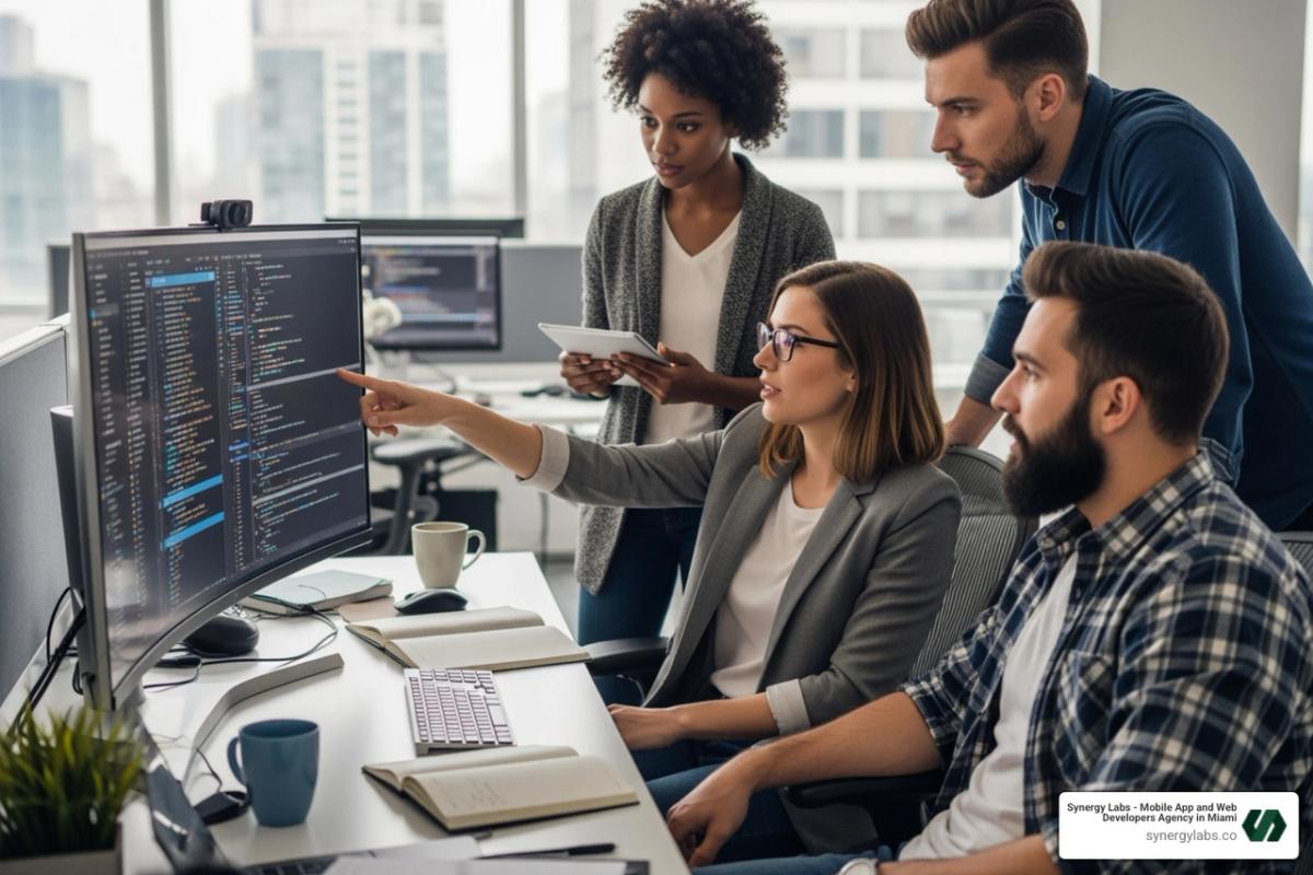 A development team collaborating around a screen with code - Mobile App Development Agency Chicago: Proven Processes and Local Case Studies