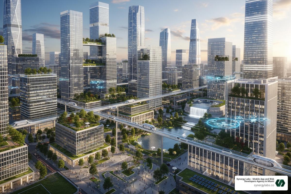 A digital rendering of a smart city project in Dubai, with interconnected buildings and green spaces - From UAE Innovation to Mobile Impact: Why Dubai Is the Epicenter for Custom App Development A digital rendering of a smart city project in Dubai, with interconnected buildings and green spaces - From UAE Innovation to Mobile Impact: Why Dubai Is the Epicenter for Custom App Development