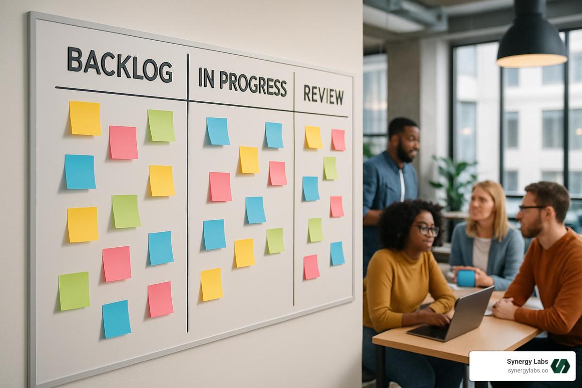 Agile development kanban board showing development workflow - enterprise mobile app development company