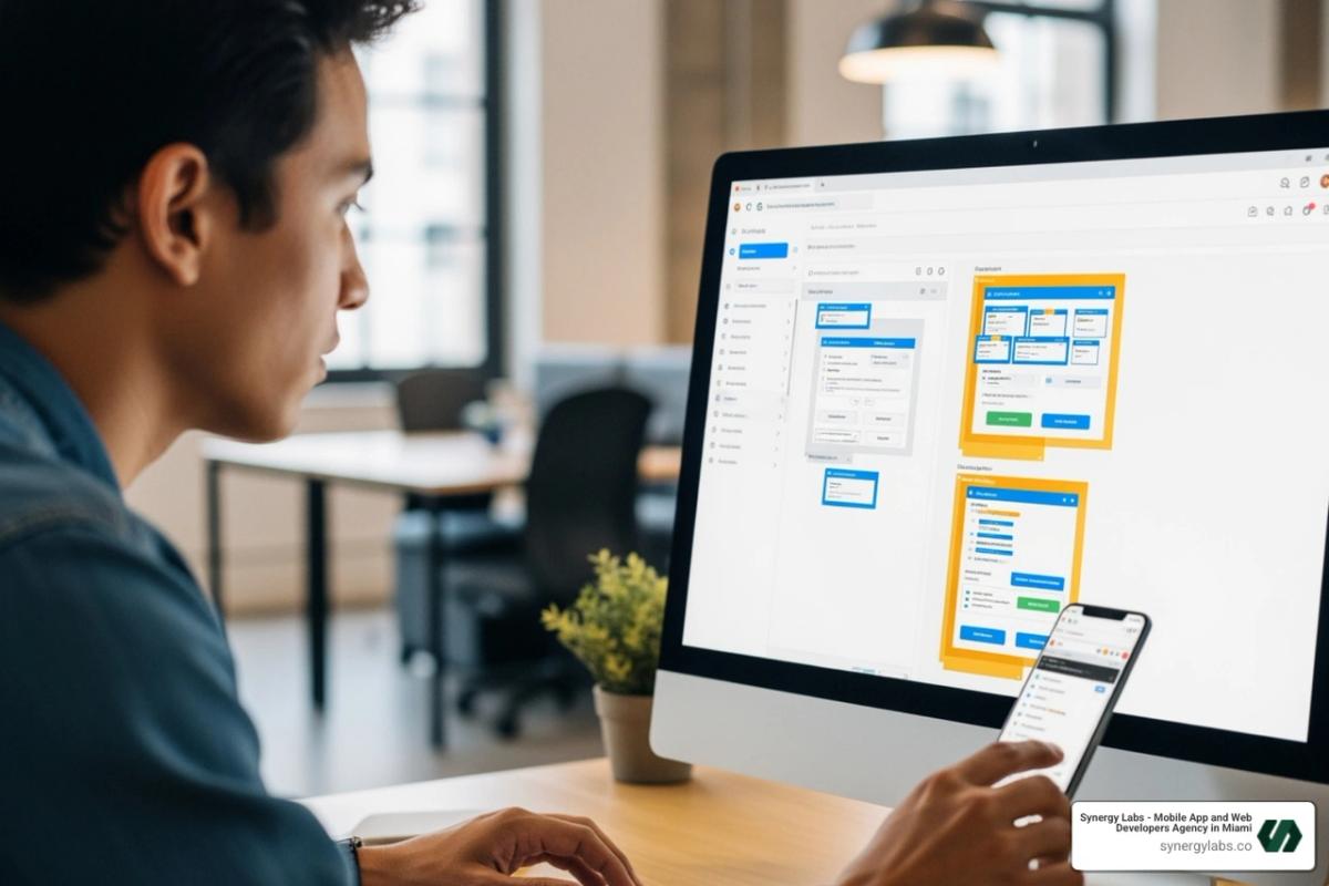 person using a drag-and-drop interface on a computer to build an app - create app without code
