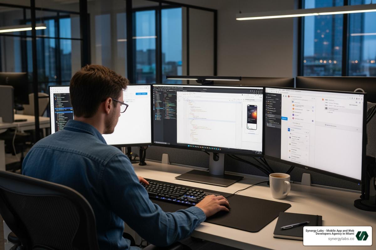Developer working on a Flutter project on a multi-screen setup - best flutter app development company