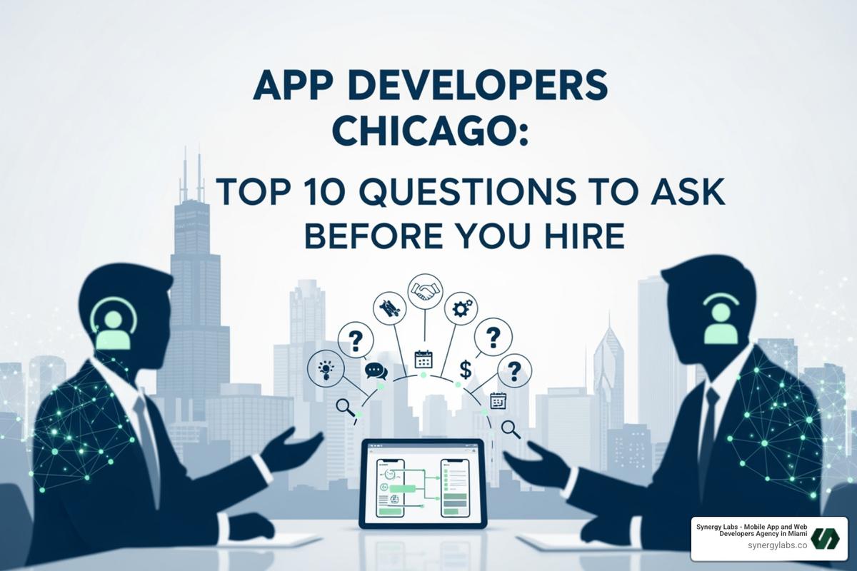 Chicago skyline with mobile app interface - App Developers Chicago: Top 10 Questions to Ask Before You Hire