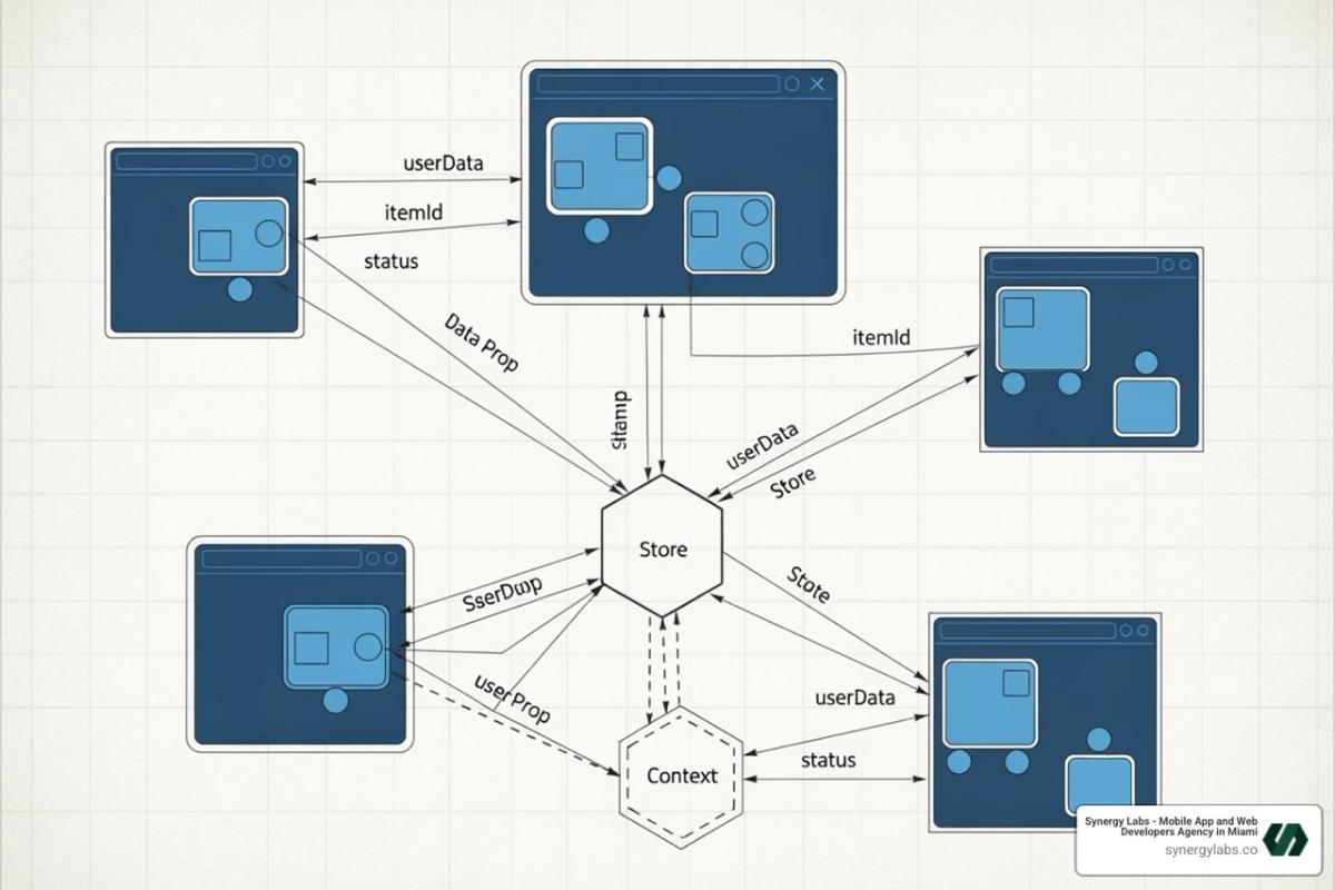 Diagram showing the component hierarchy and data flow in a React social media app - build a social media app with react