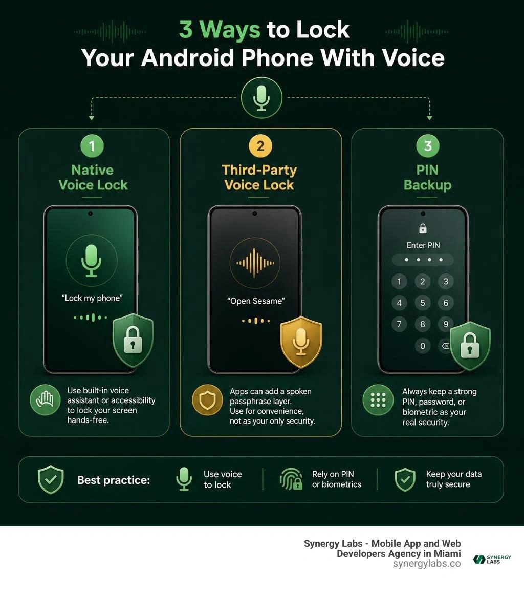 Infographic showing native voice lock, third-party voice lock, and PIN backup infographic