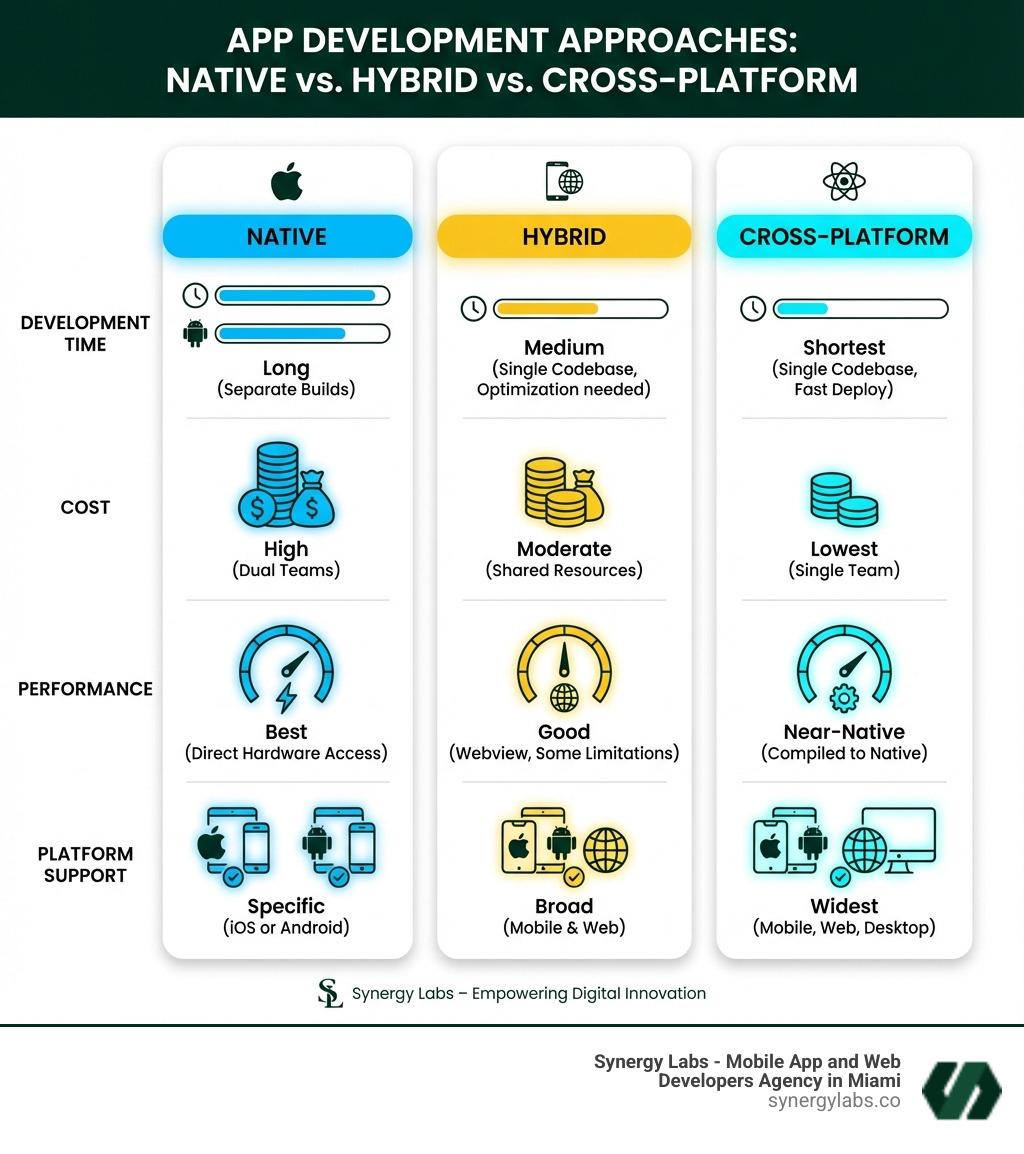 Infographic comparing Native, Hybrid, and Cross-Platform development approaches showing development time, cost, performance, and platform support for each - cross-platform app solutions infographic 