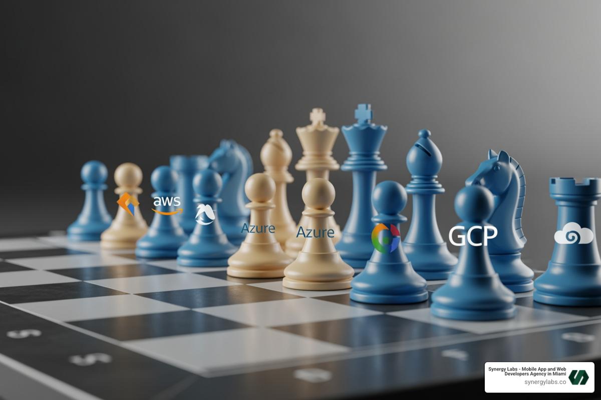 Chess board with cloud provider logos as pieces, illustrating strategic placement. - Multi-Cloud Strategy in 2026: Avoid Vendor Lock-In Without Doubling Your Complexity