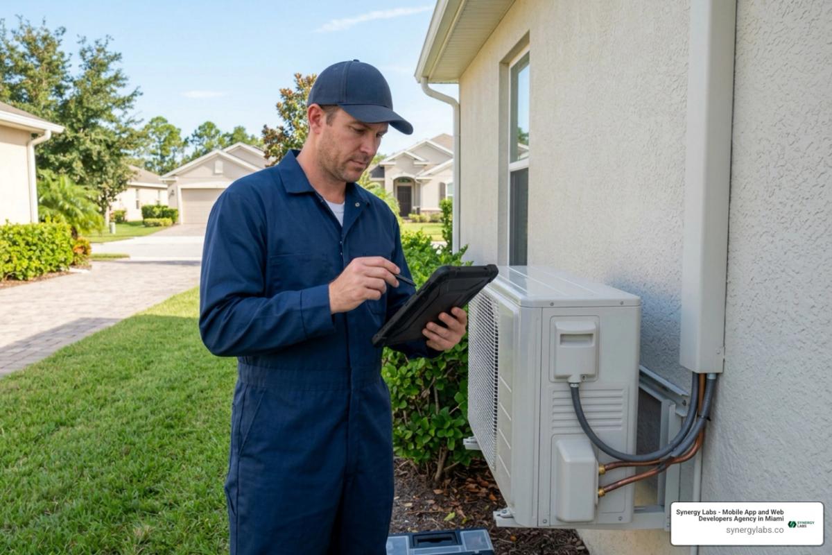 HVAC technician inspecting split unit with digital tablet