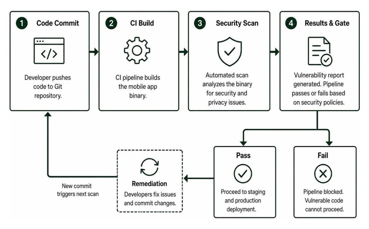 Continuous mobile DevSecOps scanning and remediation pipeline