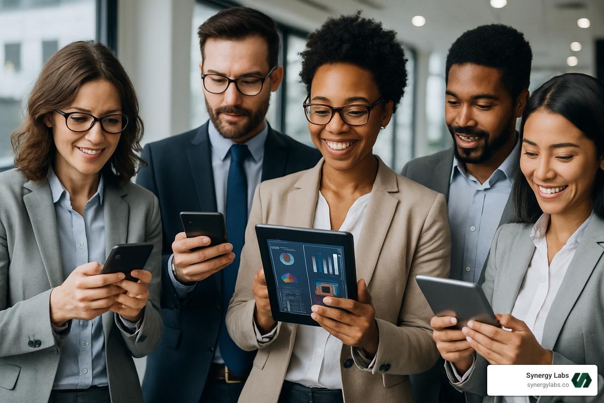 Business professionals using mobile devices to access enterprise systems - Enterprise mobility solutions Business professionals using mobile devices to access enterprise systems - Enterprise mobility solutions