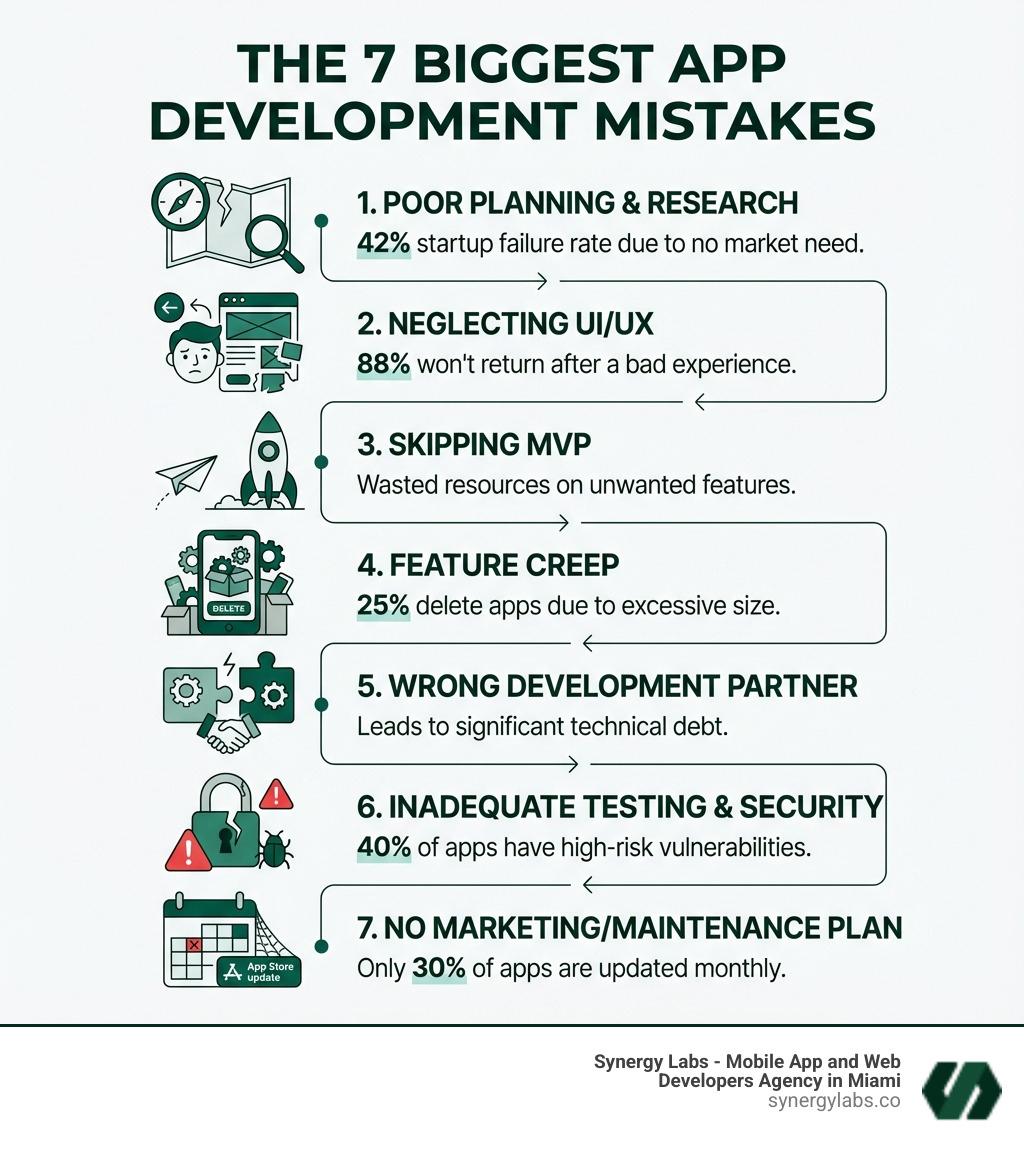 Infographic showing the 7 biggest app development mistakes: 1. Poor Planning & Research (42% startup failure rate), 2. Neglecting UI/UX (88% won't return after bad experience), 3. Skipping MVP (wasted resources on unwanted features), 4. Feature Creep (25% delete apps due to size), 5. Wrong Development Partner (leads to technical debt), 6. Inadequate Testing & Security (40% of apps have vulnerabilities), 7. No Marketing/Maintenance Plan (30% of apps updated monthly) - The Biggest App Development Mistakes Growing Companies Make infographic 