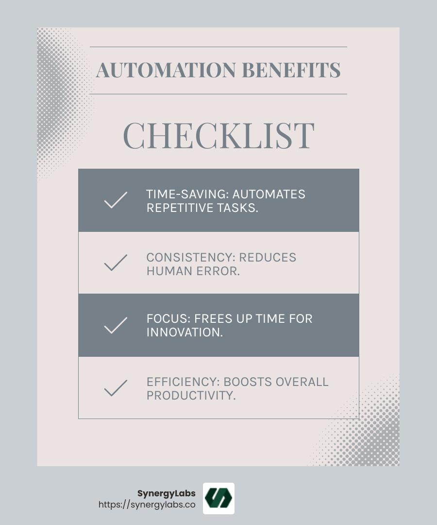 Automation improves efficiency and consistency in app development. - app development team collaboration infographic checklist-light-blue-grey