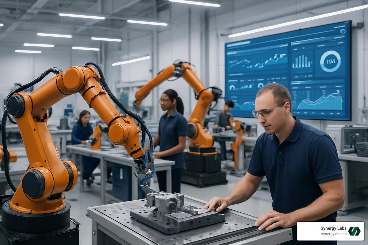 AI-powered factory floor with robotics and real-time analytics dashboard - Digital change services for mid-sized enterprises in 2026