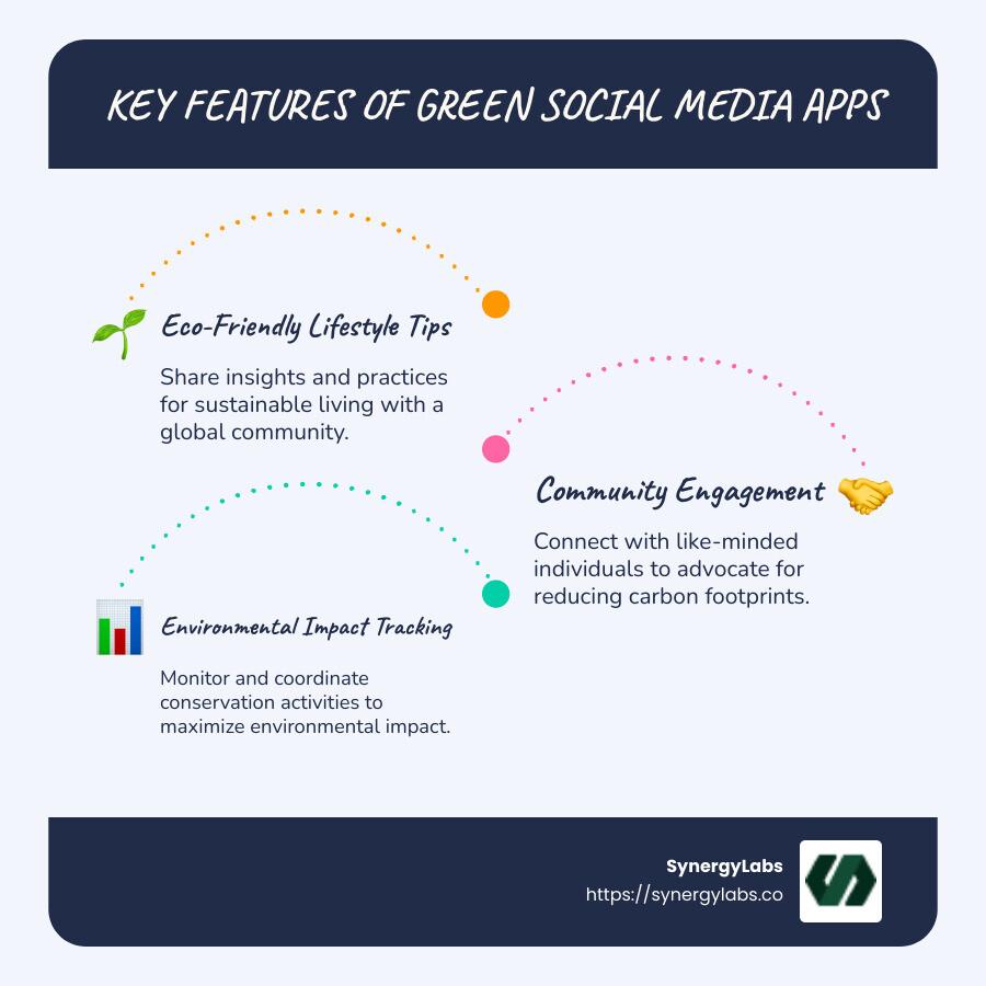 Detailed infographic showing the functions and benefits of a green social media app, including community engagement, sustainability tips, and environmental impact tracking - green social media app infographic infographic-line-3-steps-blues-accent_colors