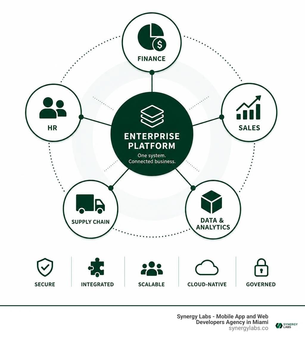 Enterprise software ecosystem connecting finance HR sales supply chain and data infographic Enterprise software ecosystem connecting finance HR sales supply chain and data infographic