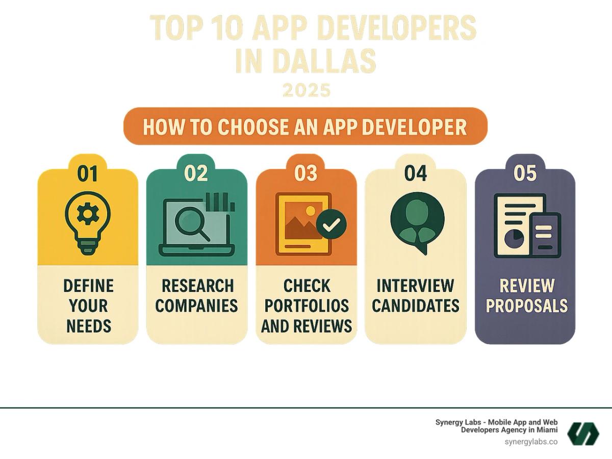 Infographic showing the steps to choose an app developer, including defining needs, researching companies, checking portfolios and reviews, interviewing candidates, and reviewing proposals - Top 10 app developers in Dallas infographic 