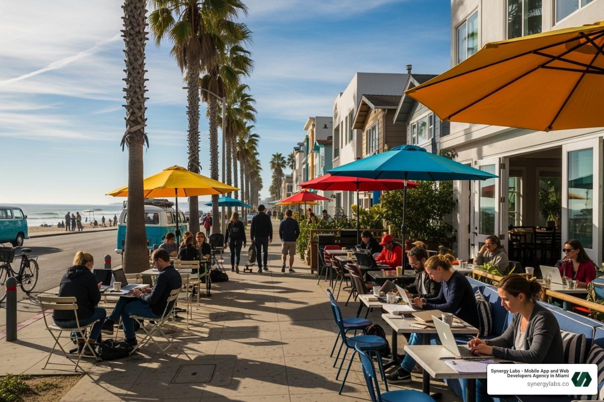 A vibrant street scene in Santa Monica or Venice Beach with people on laptops at outdoor cafes, highlighting the relaxed yet productive atmosphere of Silicon Beach - Beyond Hollywood: How LA Tech is Fueling Creative App Solutions