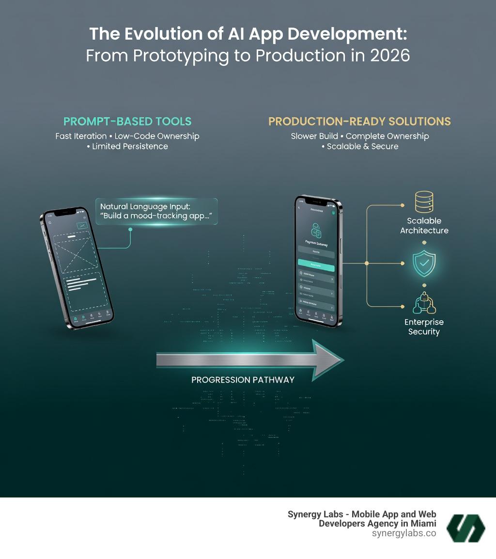 Infographic comparing AI prototyping tools vs production-ready development: showing progression from prompt-based tools (fast, low code ownership, limited persistence) to full-stack solutions (slower initial build, complete ownership, enterprise security, scalable architecture) - Rork AI alternative infographic 