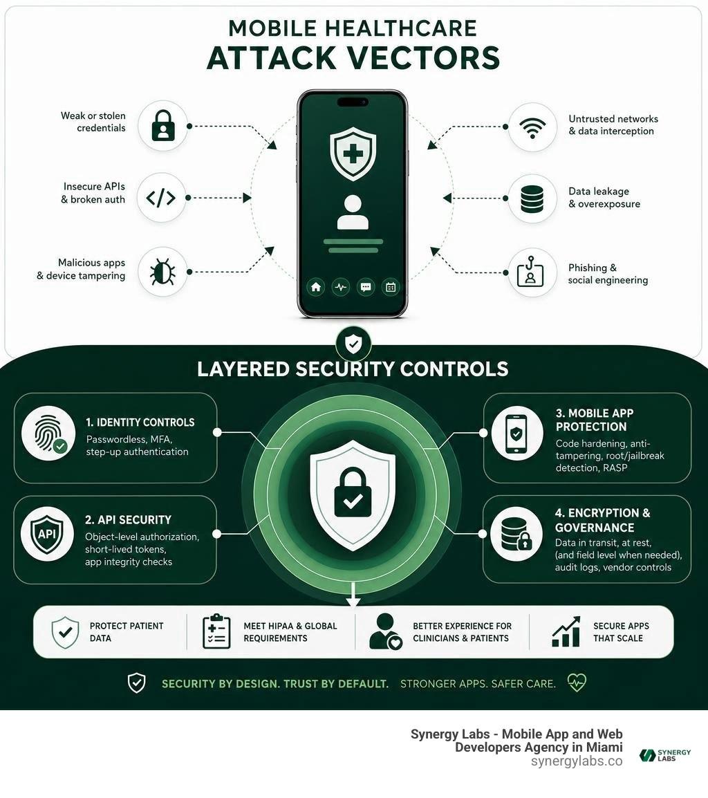 Mobile healthcare attack vectors and layered security controls infographic