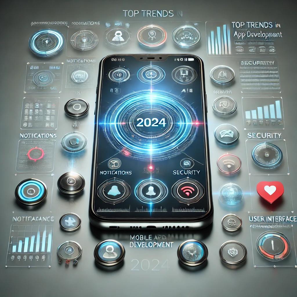 A modern, futuristic smartphone displaying various app icons and features that represent the top trends in mobile app development for 2024. The phone is surrounded by holographic UI elements, including notifications, AI, security features, and user interface enhancements. The background should be sleek and minimalistic, with a tech-savvy, forward-looking design that emphasizes innovation and success in app development.