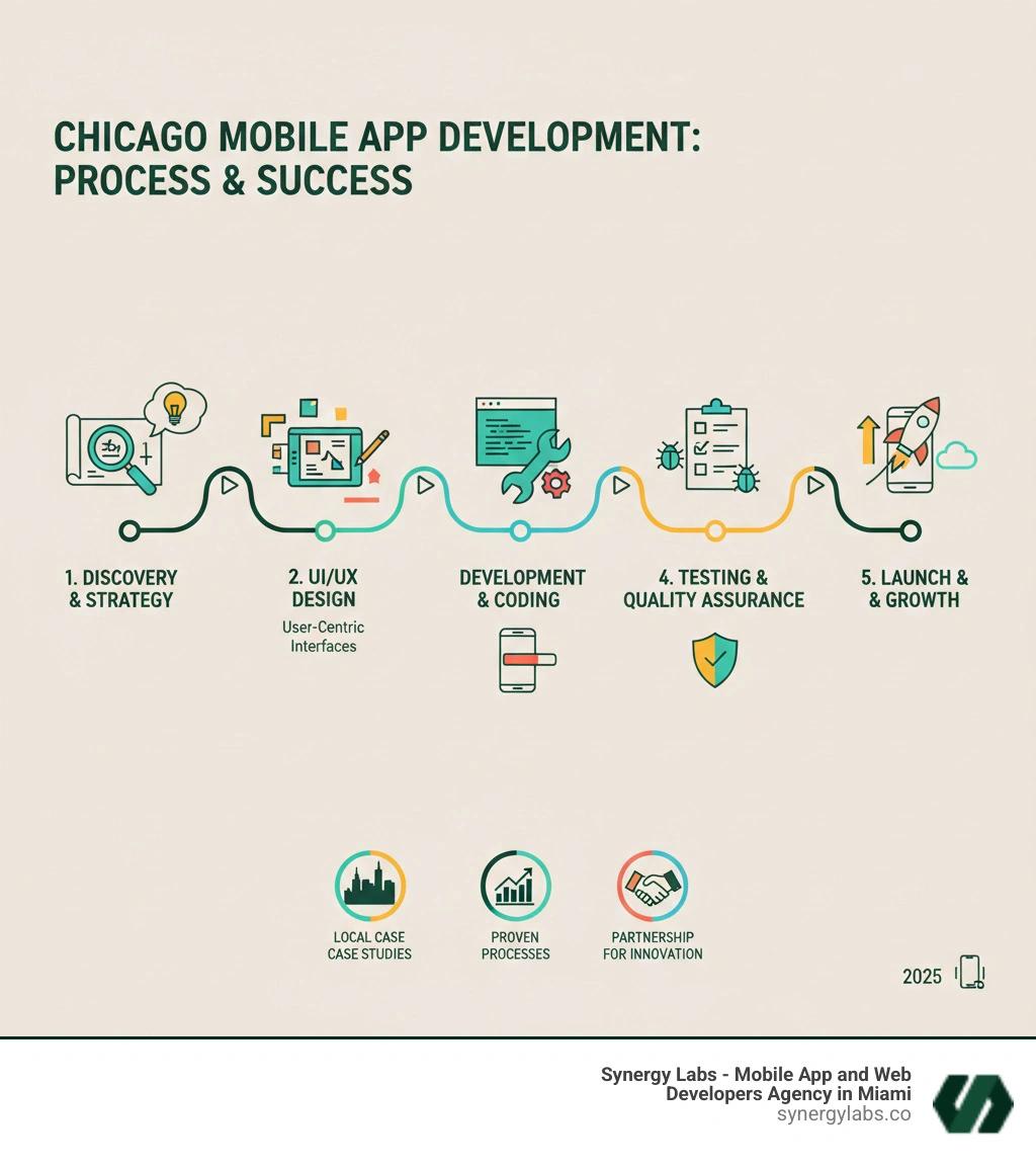 Infographic showing the mobile app development lifecycle: Discovery & Strategy (1-2 weeks) → UI/UX Design & Prototyping (3-6 weeks) → Agile Development Sprints (7-20 weeks) → Quality Assurance Testing (ongoing) → Launch & Deployment (21-22 weeks) → Post-Launch Support (continuous). Each phase includes key deliverables and outcomes, with arrows connecting each stage in a circular flow emphasizing the iterative nature of the process. - Mobile App Development Agency Chicago: Proven Processes and Local Case Studies infographic 