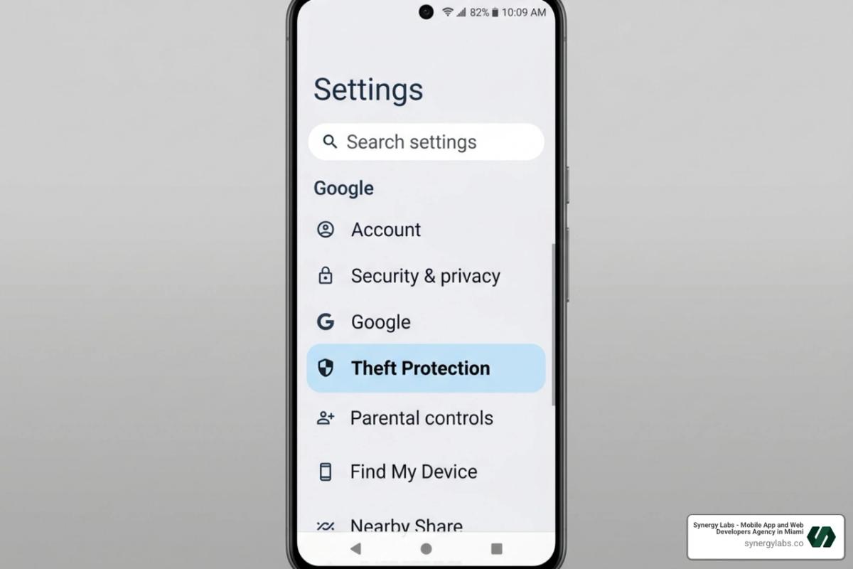 Android Settings menu highlighting the Theft Protection section under Google services - remote lock android phone